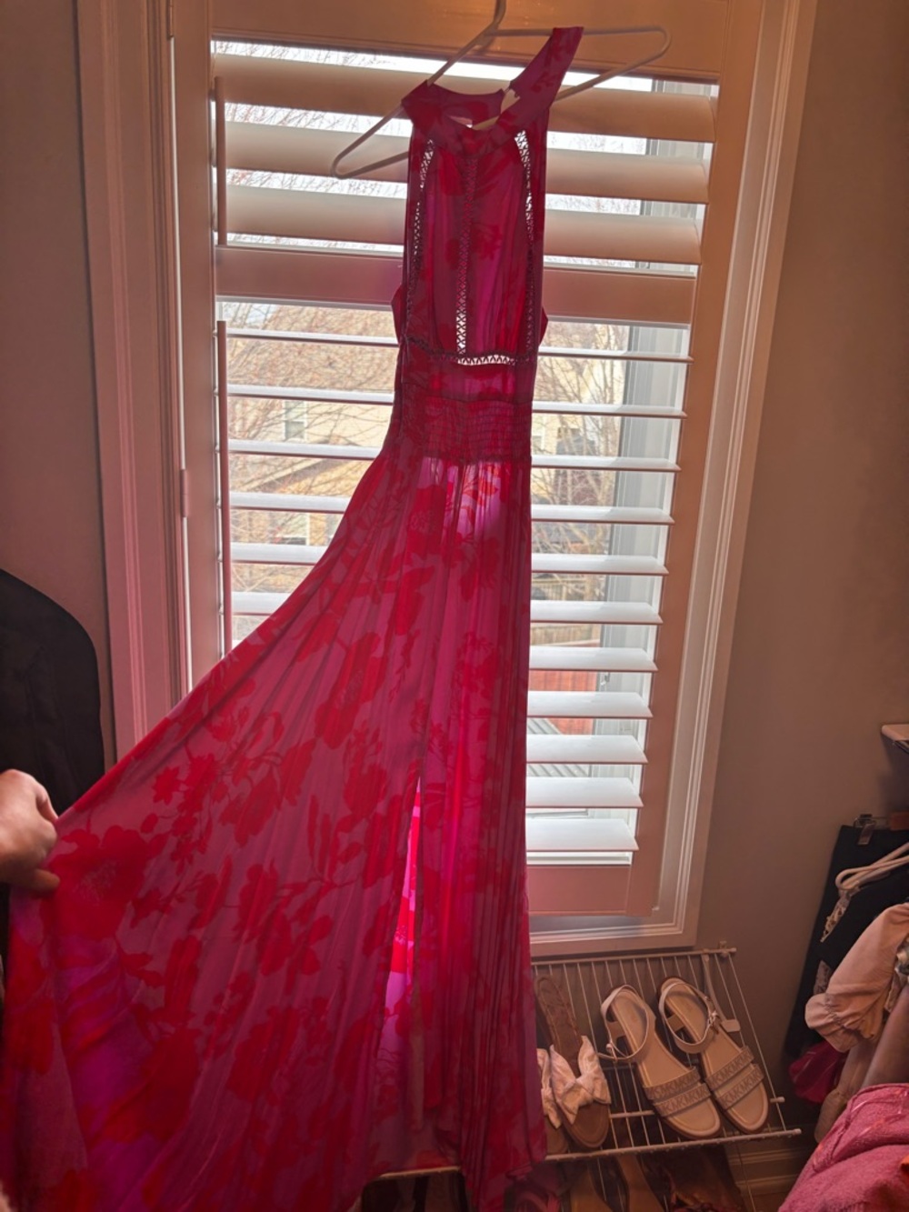 Feminine Red Floral Maxi Dress with Sheer Panels